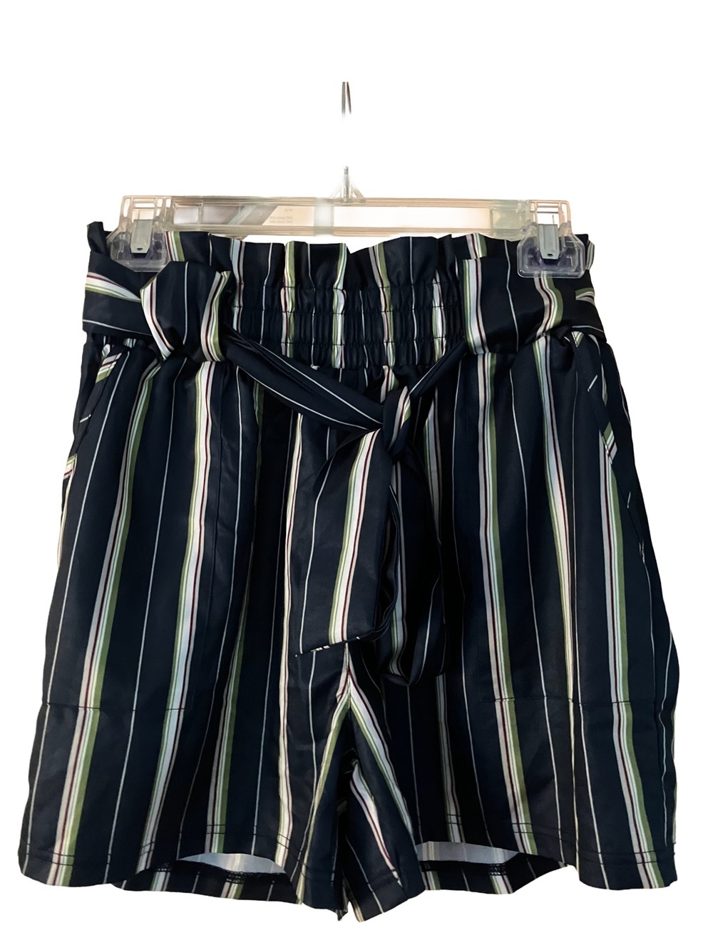 NWT GRACE KARIN NAVY STRIPED PAPERBAG SHORTS WITH WHITE & GREEN ACCENTS SIZE M